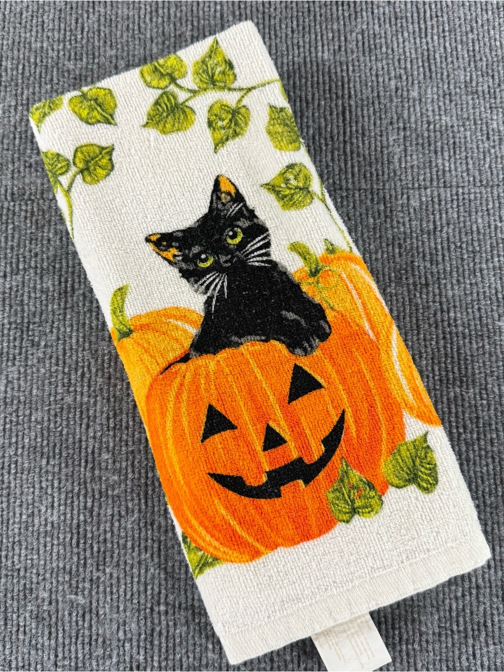 Celebrate Halloween Together Black Cat Pumpkin Hand Towel Orange Witchy Decor